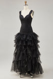 Black A Line Ruffled Maxi Tiered Formal Dress with Slit