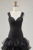 Black Spaghetti Straps Ruffled Long Formal Dress with Slit
