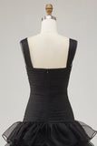 Black Spaghetti Straps Ruffled Long Formal Dress with Slit