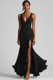 Ink Blue Chiffon Ruffled Maxi Ruffled Formal Dress with Slit