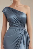 Grey Blue One Shoulder Sheath Maxi Formal Dress with Ruffles