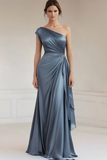 Peacock One Shoulder Sheath Satin Maxi Ruched Formal Dress
