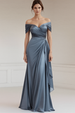 Satin Peacock Sheath Off the Shoulder Long Formal Dress