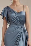 Grey Blue Sheath Satin Asymmetrical Neck Long Formal Dress with Ruffles