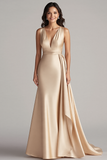 Peacock Mermaid Deep V-Neck Long Satin Formal Dress with Drape