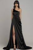 A Line Satin Black One Shoulder Long Formal Dress with Slit