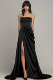 Black Strapless Satin Ruched A Line Maxi Formal Dress with Slit