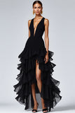 Black A Line Deep V-Neck Ruffled Long Formal Dress with Slit