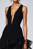 Black A Line Deep V-Neck Ruffled Long Formal Dress with Slit