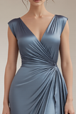 Grey Blue V-Neck Sheath Maxi Ruched Formal Dress with Ruffles