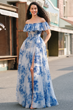 A Line Off the Shoulder White Blue Flower Maxi Prom Dress with Slit