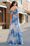 A Line Off the Shoulder White Blue Flower Maxi Prom Dress with Slit