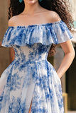 A Line Off the Shoulder White Blue Flower Maxi Prom Dress with Slit