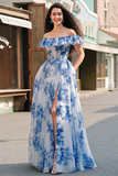 Maxi White Blue Flower A Line Ruffled Prom Dress with Slit