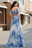 Maxi White Blue Flower A Line Ruffled Prom Dress with Slit