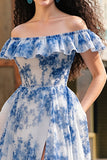 Maxi White Blue Flower A Line Ruffled Prom Dress with Slit