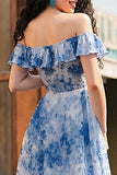 Maxi White Blue Flower A Line Ruffled Prom Dress with Slit
