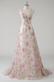 Pink A Line V-Neck Floral Maxi Prom Dress with Sequins