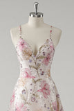 Pink A Line V-Neck Floral Maxi Prom Dress with Sequins