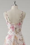 Pink A Line V-Neck Floral Maxi Prom Dress with Sequins