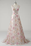Sparkly Pink V-Neck A Line Maxi Floral Prom Dress with Beading