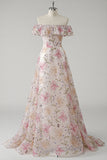 Sparkly Pink Off the Shoulder Floral A Line Long Prom Dress with Sequins