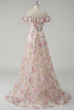 Sparkly Pink Off the Shoulder Floral A Line Long Prom Dress with Sequins