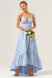 Blue A Line Spaghetti Straps High-Low Floral Bridesmaid Dress