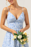 Blue A Line Spaghetti Straps High-Low Floral Bridesmaid Dress