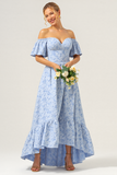 Blue A Line Off the Shoulder Maxi Floral Bridesmaid Dress with Flutter Sleeves