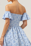 Blue A Line Off the Shoulder Maxi Floral Bridesmaid Dress with Flutter Sleeves