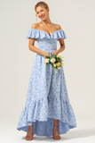 Blue Off the Shoulder Floral High Low A Line Bridesmaid Dress with Ruffles