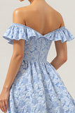 Blue Off the Shoulder Floral High Low A Line Bridesmaid Dress with Ruffles