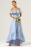A Line Floral Blue High-Low Jacquard Bridesmaid Dress with Ruffles