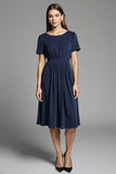 Navy Scoop Neck Satin A Line Midi Work Dress with Short Sleeves