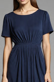 Navy Scoop Neck Satin A Line Midi Work Dress with Short Sleeves