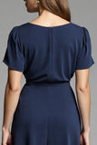Navy Scoop Neck Satin A Line Midi Work Dress with Short Sleeves