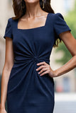 Bodycon Navy Satin Square Neck Ruched Midi Work Dress