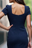 Bodycon Navy Satin Square Neck Ruched Midi Work Dress