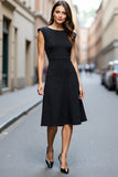 A Line Black Satin Boat Neck Midi Work Dress