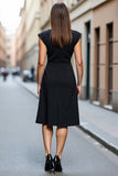 A Line Black Satin Boat Neck Midi Work Dress