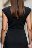A Line Black Satin Boat Neck Midi Work Dress
