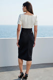 Midi White and Black Square Neck Short Sleeves Work Dress