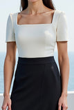 Midi White and Black Square Neck Short Sleeves Work Dress