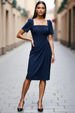 Navy Midi Ruched Satin Square Neck Short Sleeves Work Dress