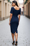 Navy Midi Ruched Satin Square Neck Short Sleeves Work Dress