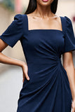 Navy Midi Ruched Satin Square Neck Short Sleeves Work Dress