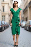 Green Satin Bodycon V Neck Ruched Midi Work Dress with Drape