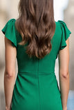 Green Satin Bodycon V Neck Ruched Midi Work Dress with Drape