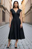Black A Line V Neck Midi Satin Work Dress